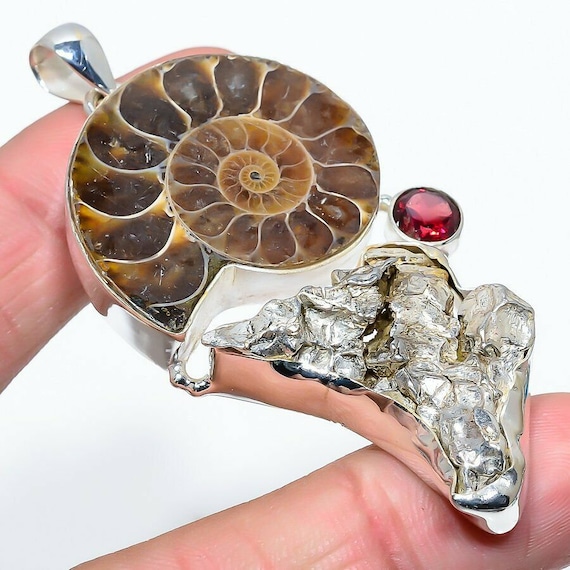 Meteorite and Ammonite Pendant in Sterling - image 1