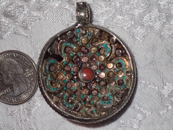 Brass Round Pendant with red Amber and Turquoise - image 3