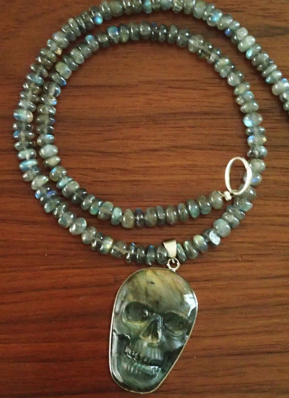 Skull Carved Gemstone Labradorite in Sterling Silv