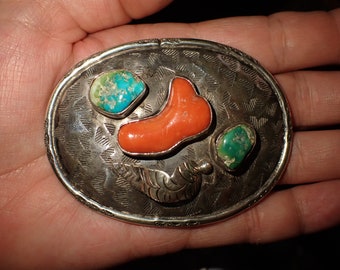 Turquoise Coral Silver Navajo Belt Buckle