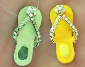 Green Flip Flops Charms x 5  Enamel & Rhinestone Charms Jewellery Crafts 23mm 
