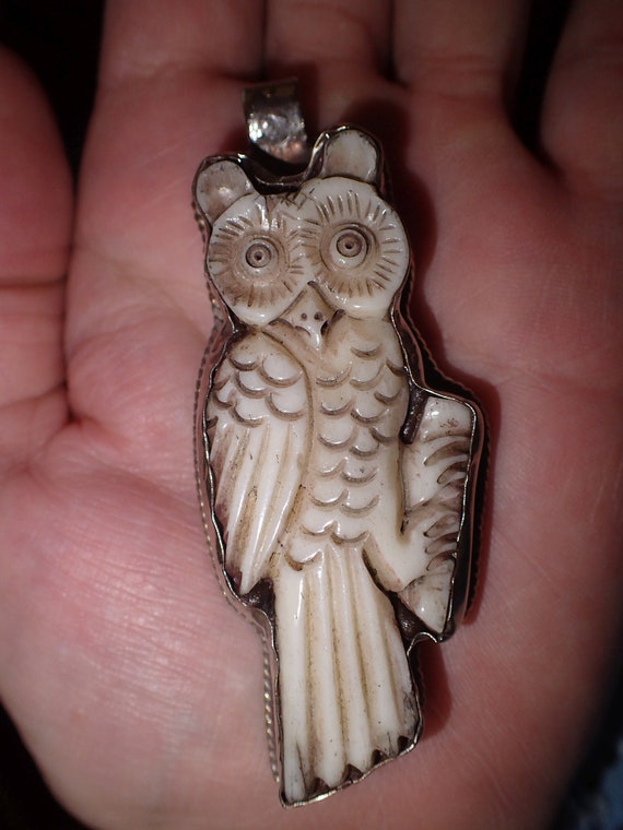 Carved Owl Bird Pendant in Tibetan Silver - image 1