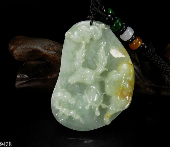 Jadeite Deer Bat and Ruyi Pendant Unique, Green 1… - image 1