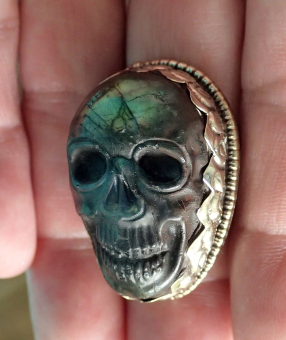 Skull Carved Gemstone Labradorite Face in Sterlin… - image 3