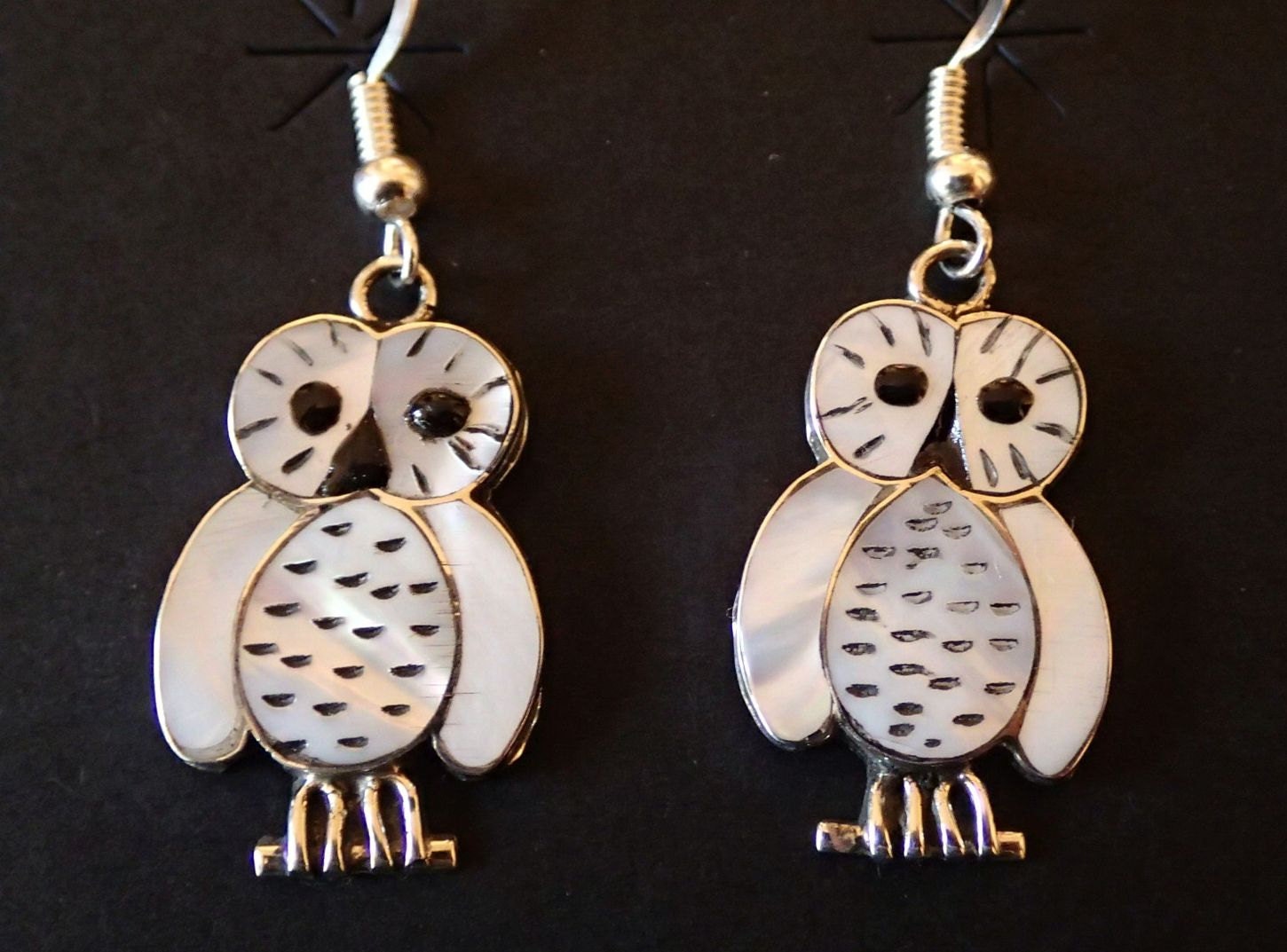 Native American mother of pearl Inlay OWL Earrings Sterling | Etsy