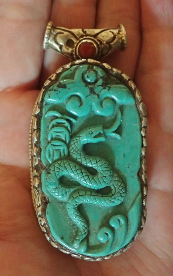 Carved Turquoise Snake and Sterling Dragon Vintage