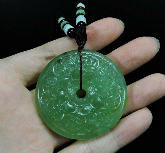 Lotus Flower Donut Coin Natural Hand-carved Jade … - image 7