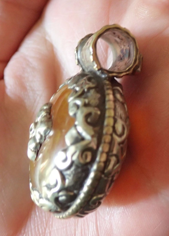 Old Amber in Tibetan Silver Pendant with red - image 3