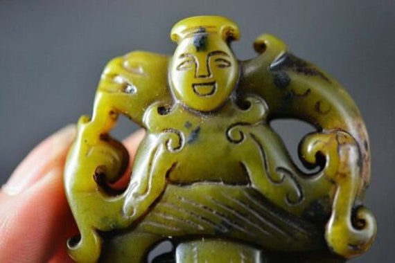 Chinese jade sculpture Dragon & person pendant me… - image 2