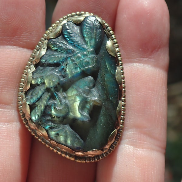 Labradorite Carved Indian with Headdress  Ring adjustable