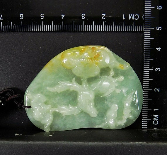 Jadeite Deer Bat and Ruyi Pendant Unique, Green 1… - image 6