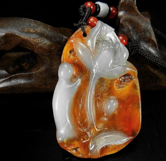 Carved Jade Lotus Flower with Monk Pendant - image 1