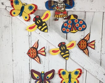 Japanese Paper Kites Nine small Kites in original box vintage butterfly, fish pirate beetle bee kites