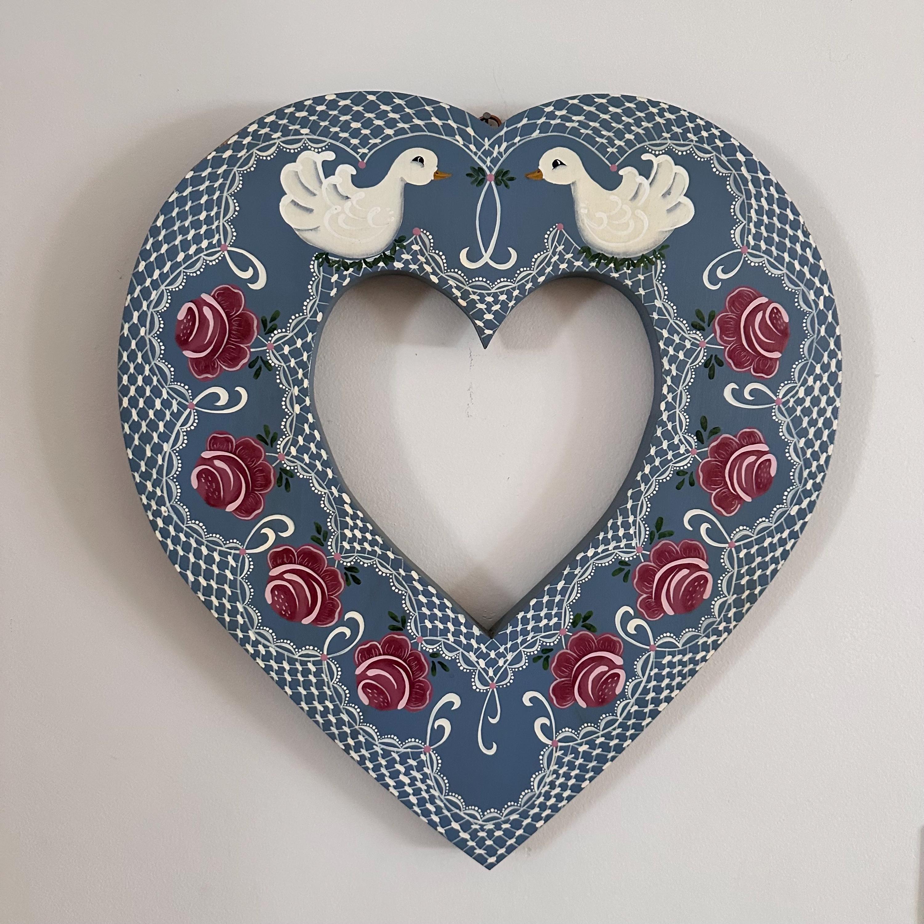 Wood Heart Painted Ducks and Roses on Blue 1980's Vintage Wall
