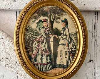 Vintage Oval Rahmen Holz Gold Mit print La Mode Illustree Paris Mode