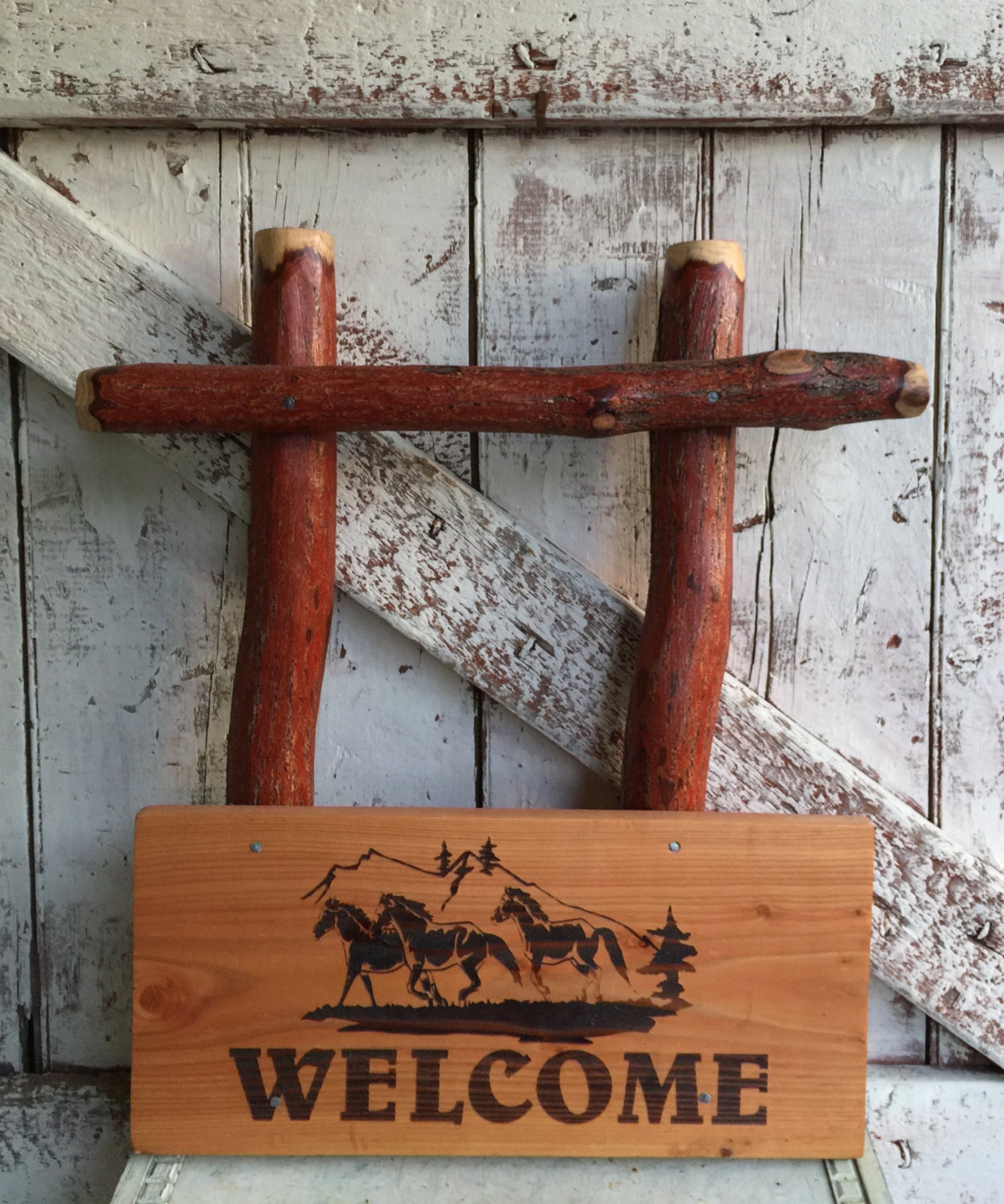 Log Welcome Sign wood with horses Cabin Decor Welcome Sign | Etsy