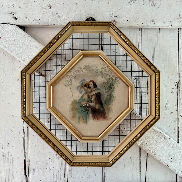 Octagon Shape Frame with Wood and Wire Hand Colored Print Vintage Sungott Art Studios