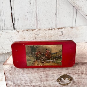 Match Holder Antique Red Match holder Wood with decoupage English Hunting Scene