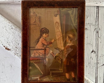 Antique Eastlake wood frame Faux Burwood Lithograph print girl painting boy