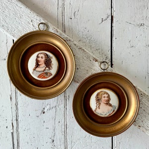 Porcelain Cameo Art Pair of Two In Round Gold wood velvet Vintage Frames
