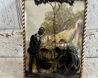Silueta de pareja cortejando, pintura inversa negra sobre vidrio de burbuja convexo vintage