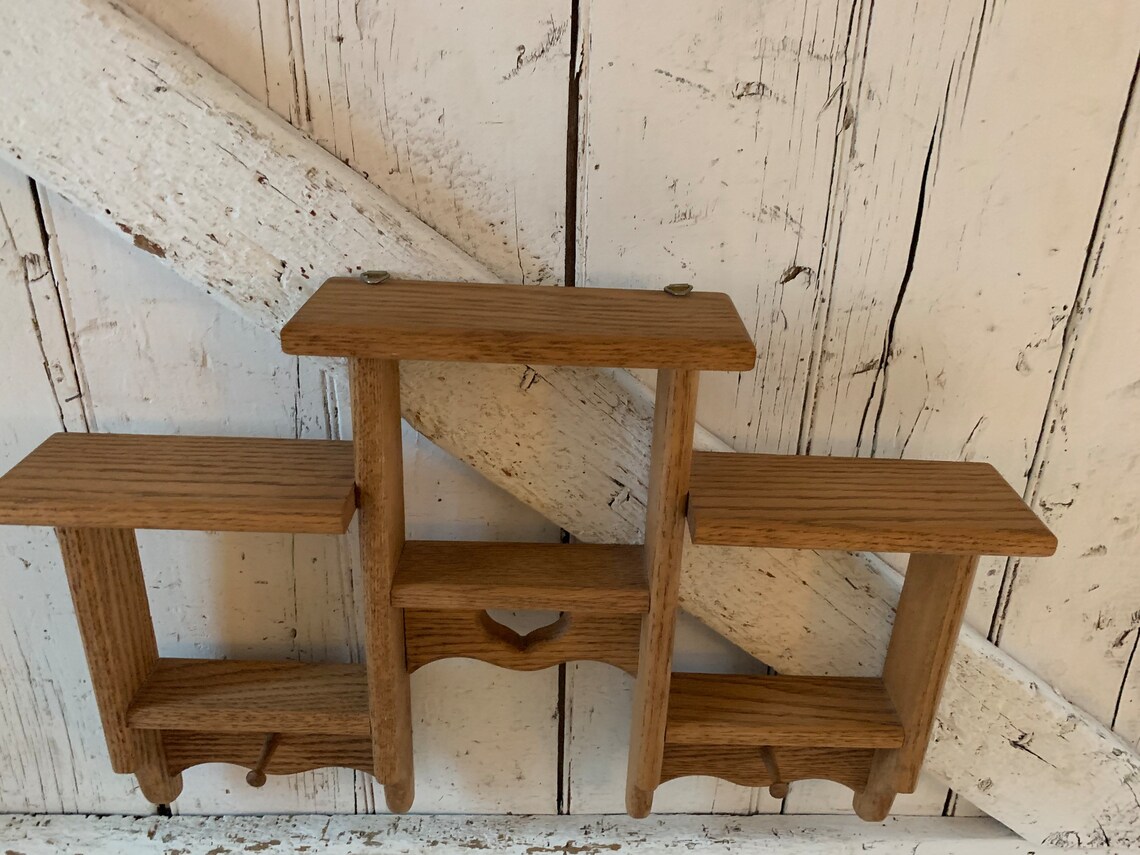 Wood Wall Shelf With Cubbies Vintage Curio Shelf With Hooks Etsy