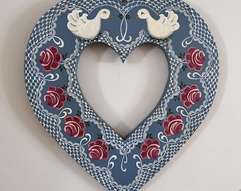 Wood Heart Painted Ducks and Roses on Blue 1980's Vintage Wall