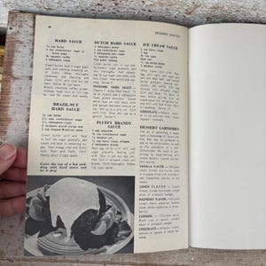 May include: A vintage cookbook page featuring dessert sauce recipes, including hard sauce, Dutch hard sauce, and ice cream sauce. The page also shows a photo of a dessert with a white sauce.