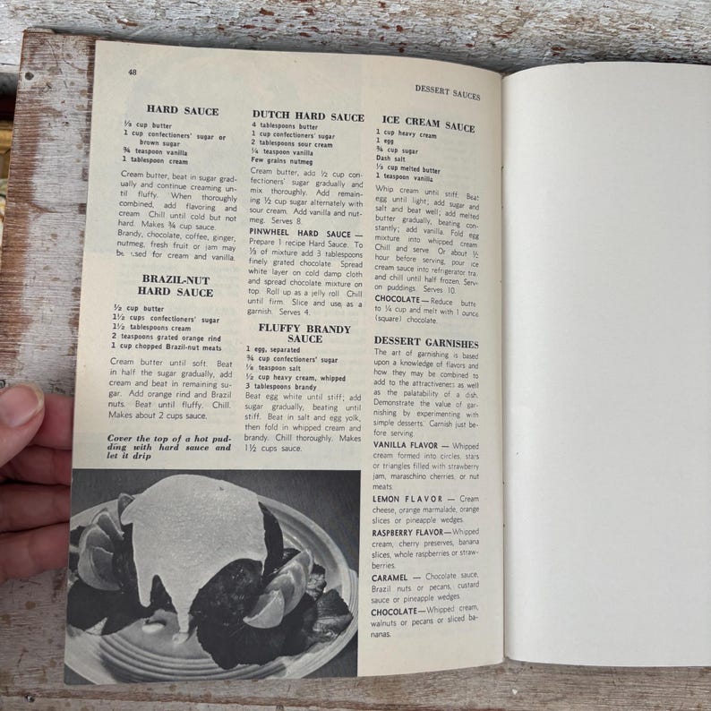 May include: A vintage cookbook page featuring dessert sauce recipes, including hard sauce, Dutch hard sauce, and ice cream sauce. The page also shows a photo of a dessert with a white sauce.