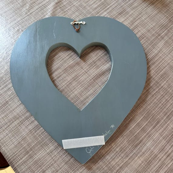 Wood Heart Painted Ducks and Roses on Blue 1980's Vintage Wall