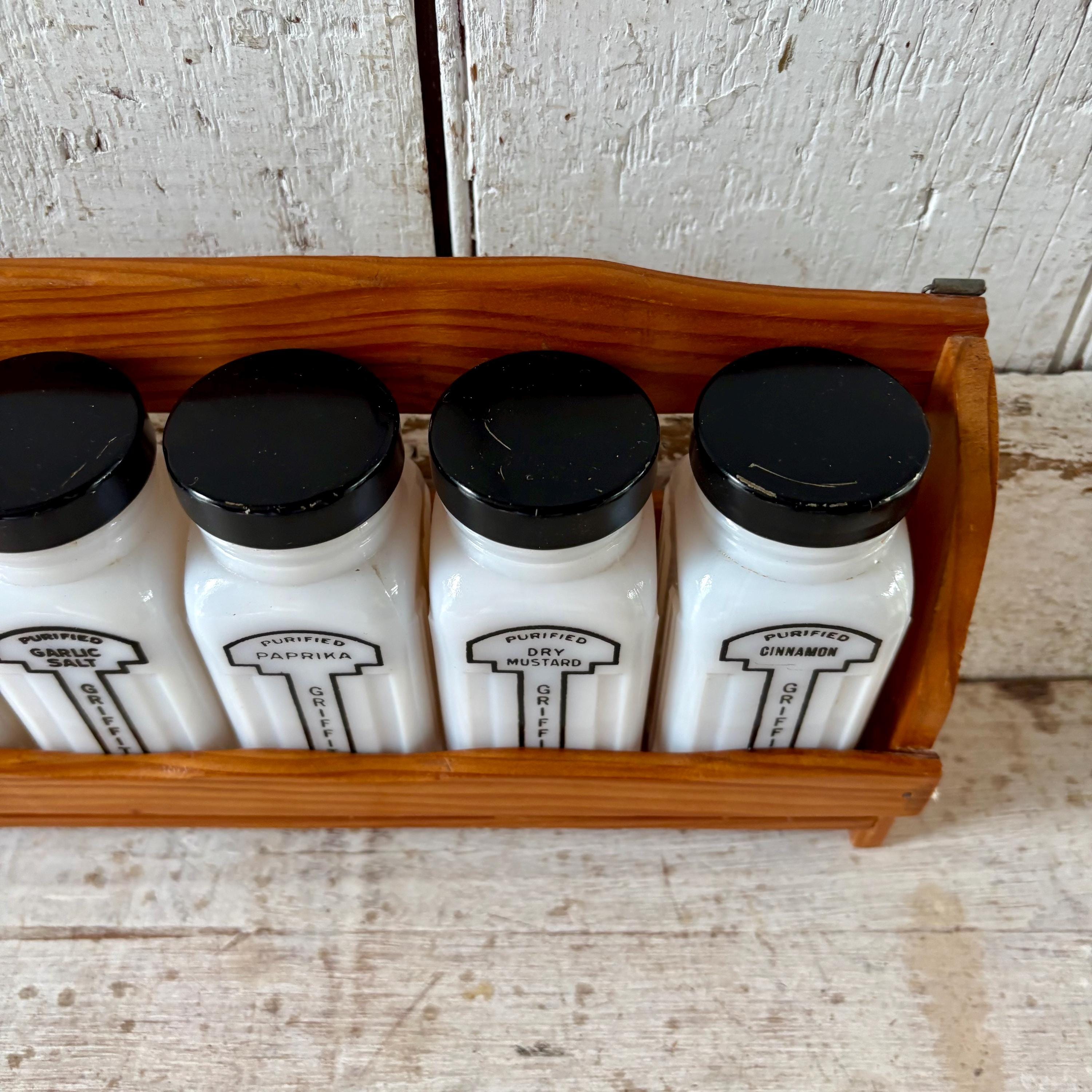 Vintage Wooden Spice Rack With Griffin Milk Glass Jars - Etsy