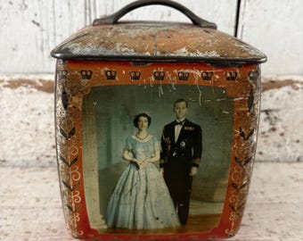 Vintage Tin Queen Elizabeth Prince Philip Rustic Patina Container