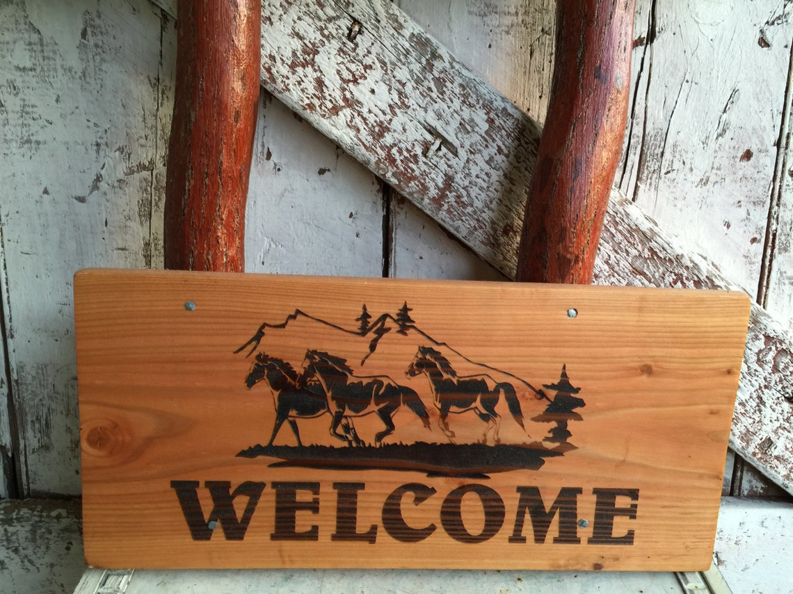 Log Welcome Sign wood with horses Cabin Decor Welcome Sign | Etsy