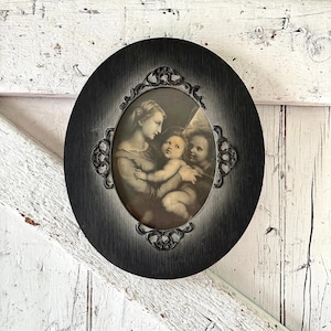 Antique Frame Black Oval wood ornate gesso Madonna with Children Print Vintage