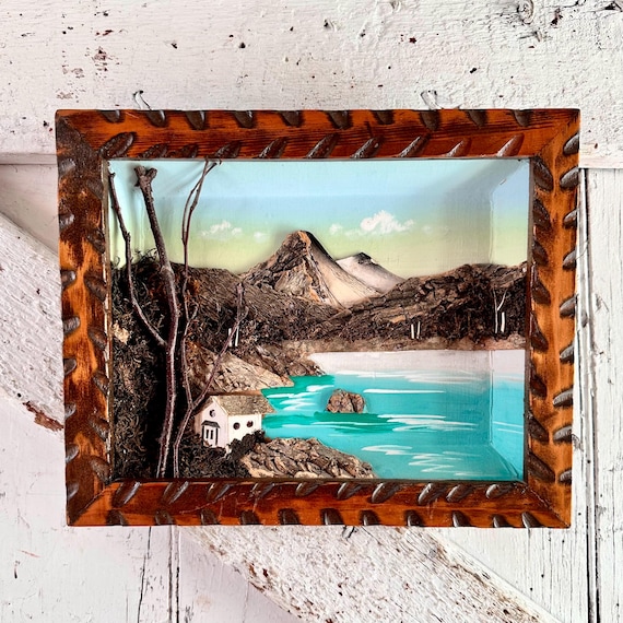 アルミブロック/オブジェ/diorama/インテリア アート Japanese Bark Moss 3D Framed Wall Art Diorama Vintage Mid Century