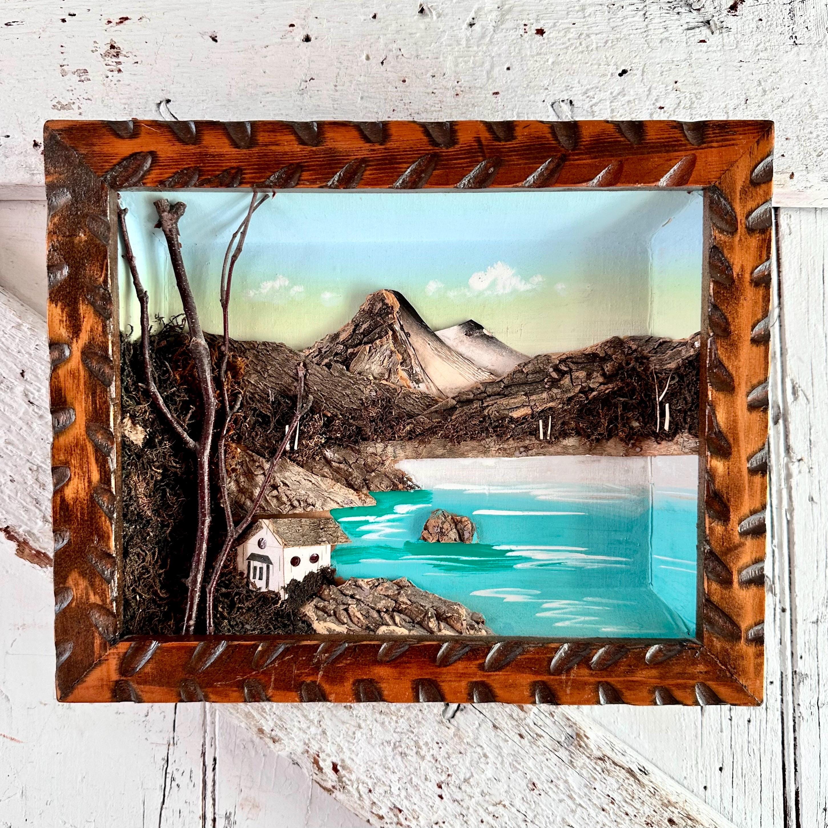 家具 Vintage 3D Wood  ART Japanese Bark Moss 3D Framed Wall Art Diorama Vintage Mid