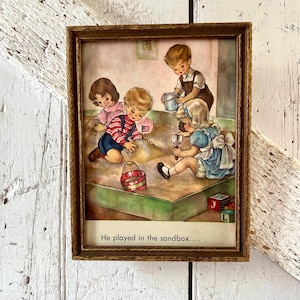 Nursery Wall Decor 1950s Framed Children Playing in wooden frame vintage nursery