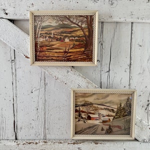 Cottage white blue wood frames pair w print village and winter farm scene vintage