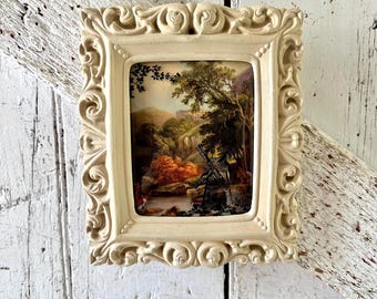 Silueta de pintura inversa de vidrio convexo negro, molino de viento, escena pastoral vintage