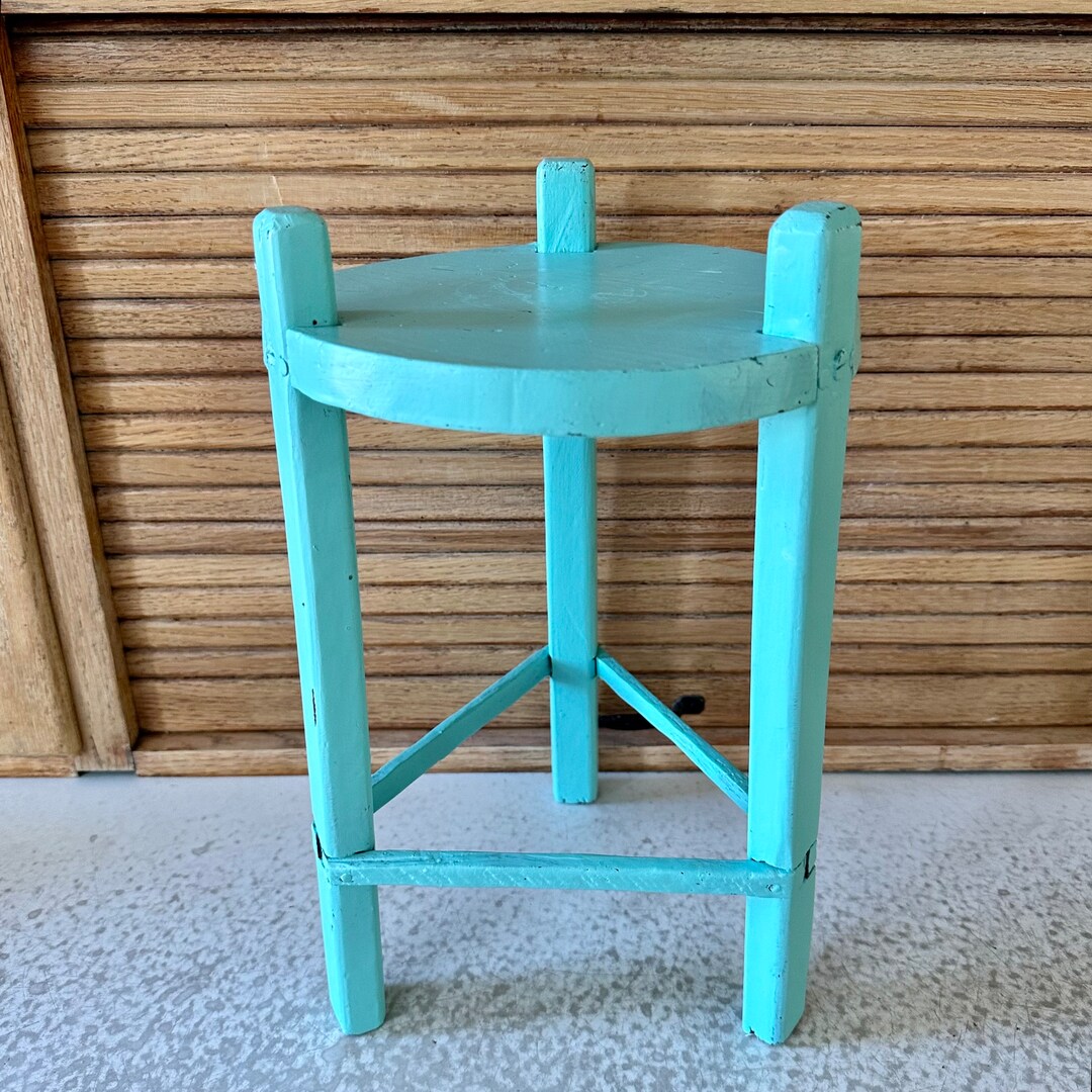 Small Wood Table Plant Stand Primitive Wooden Vintage Side Table Blue
