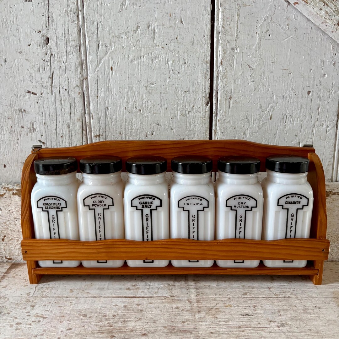 Milk Rack Setting Vintage Wooden Spice Rack With Griffin Milk Glass Jars - Etsy