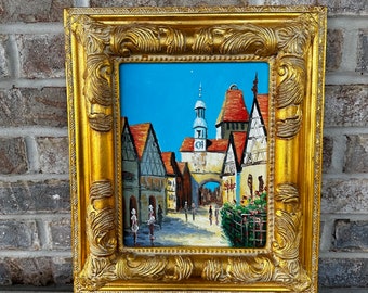 Oil painting Canvas European Village Scene vintage gold wood frame Vintage