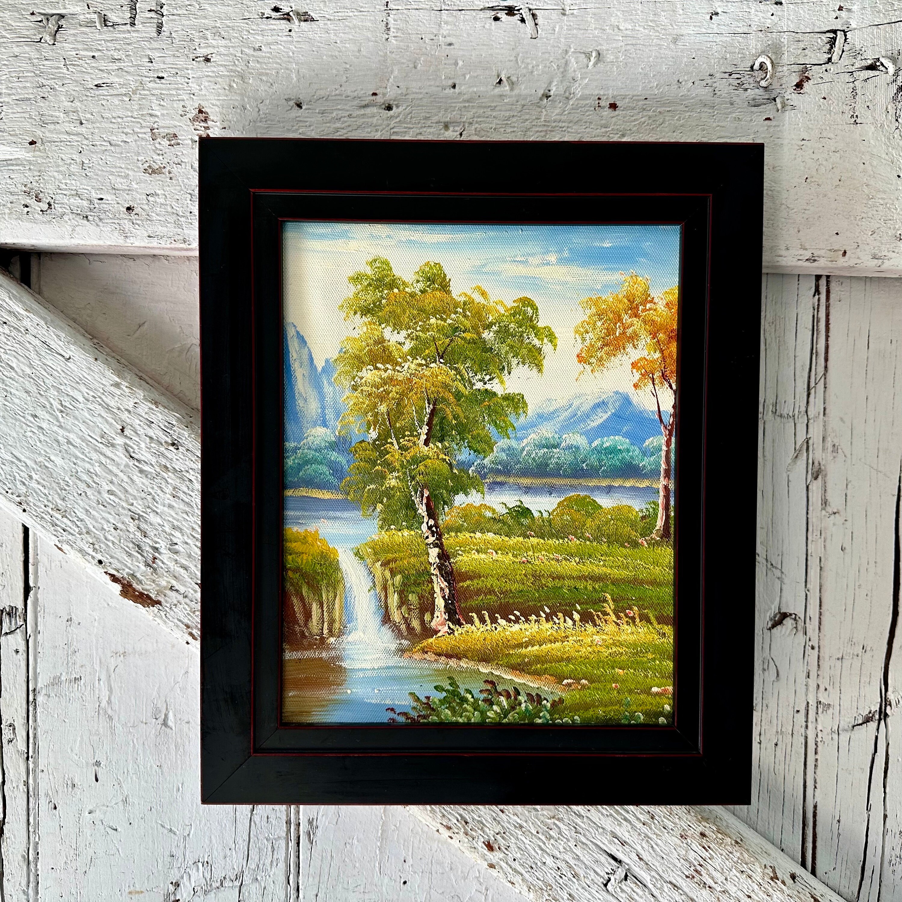 油絵 キャンバス 山 木 湖 滝 風景 黒 木製フレーム - Etsy 日本 油絵 キャンバス 山 木 湖 滝 風景 黒 木製フレーム - Etsy 日本