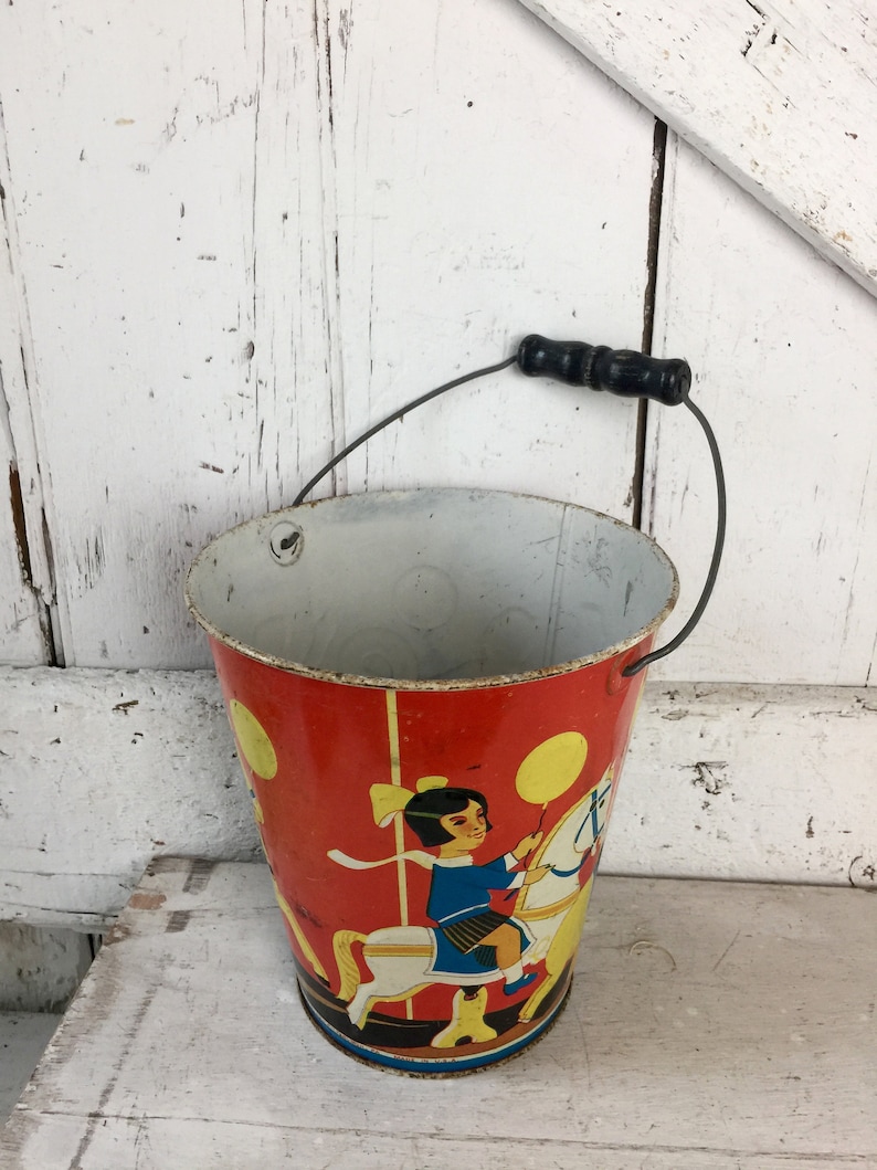 Sand Pail Childs beach bucket metal pail vintage circus theme Metal pail