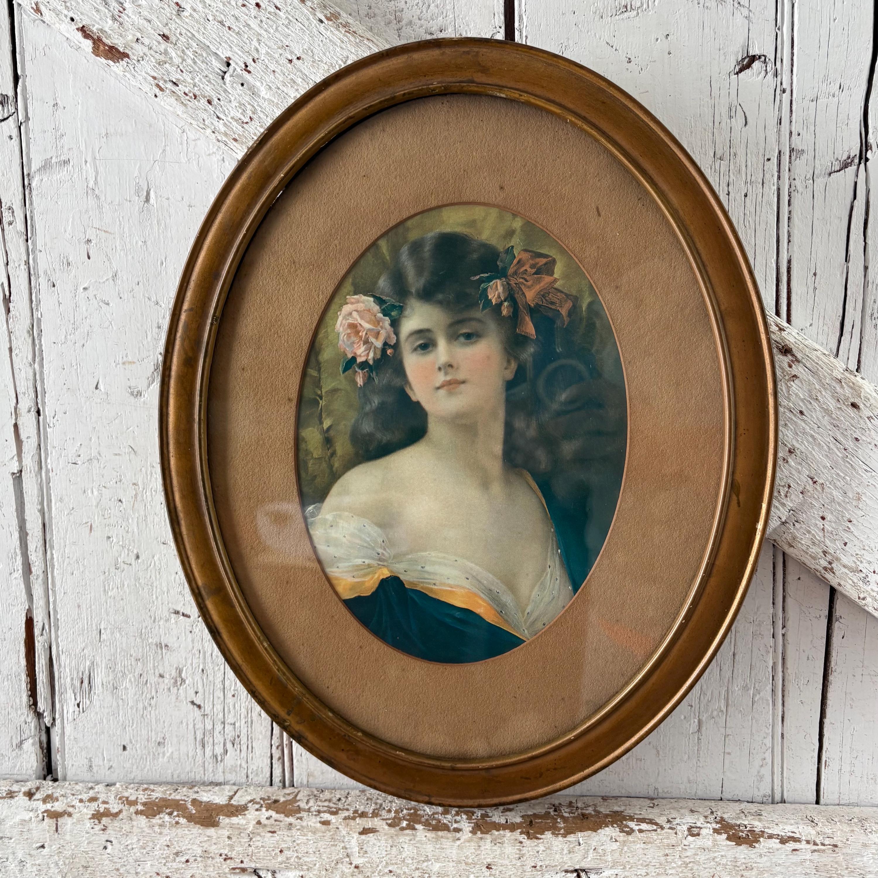 Antique Oval Frame Gold Wood Print Victorian Lady Vintage 14 X 11 Inch ...