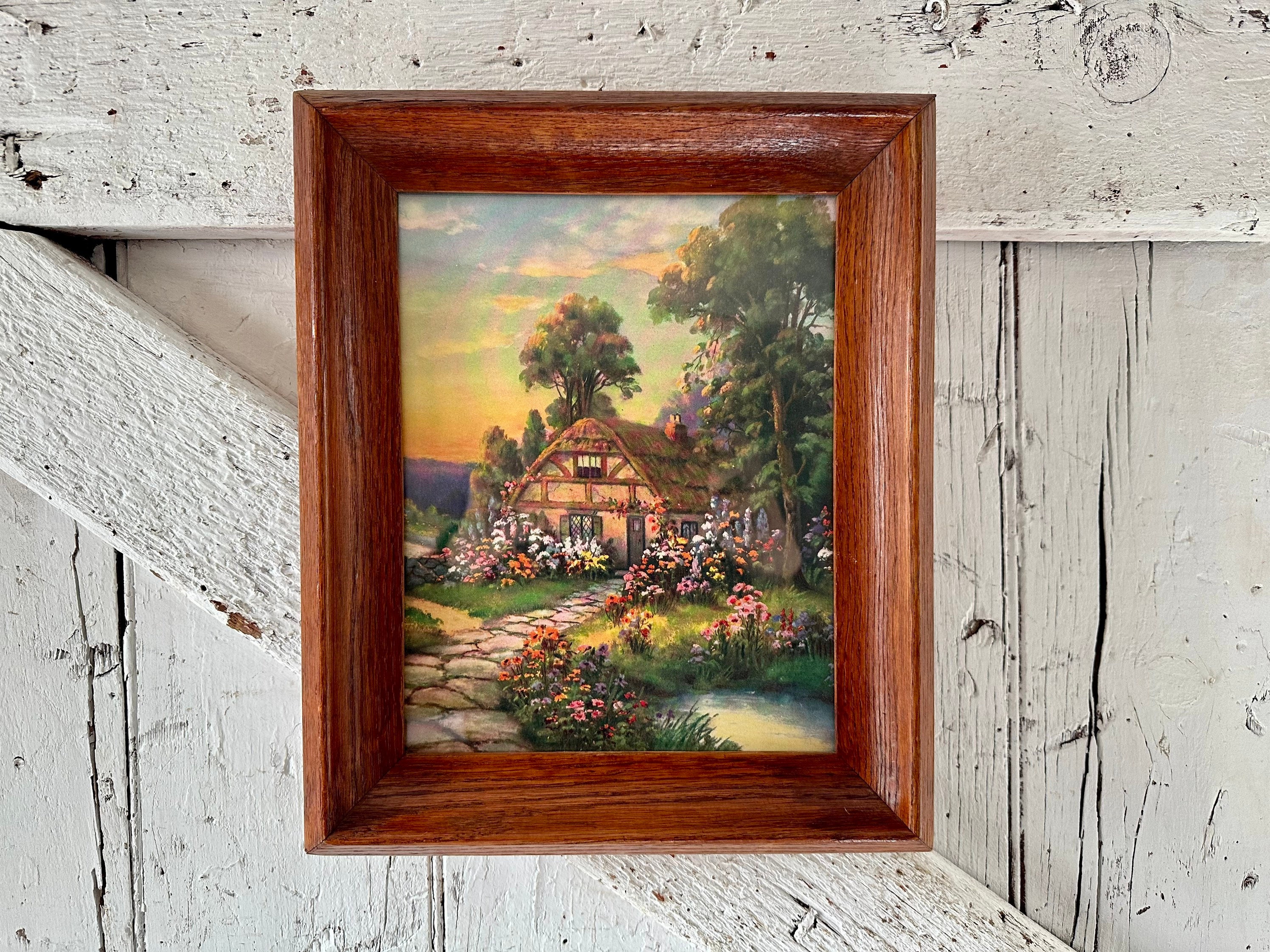 English Cottage Garden Print in Vintage Wood Frame 8 X 10 Inch