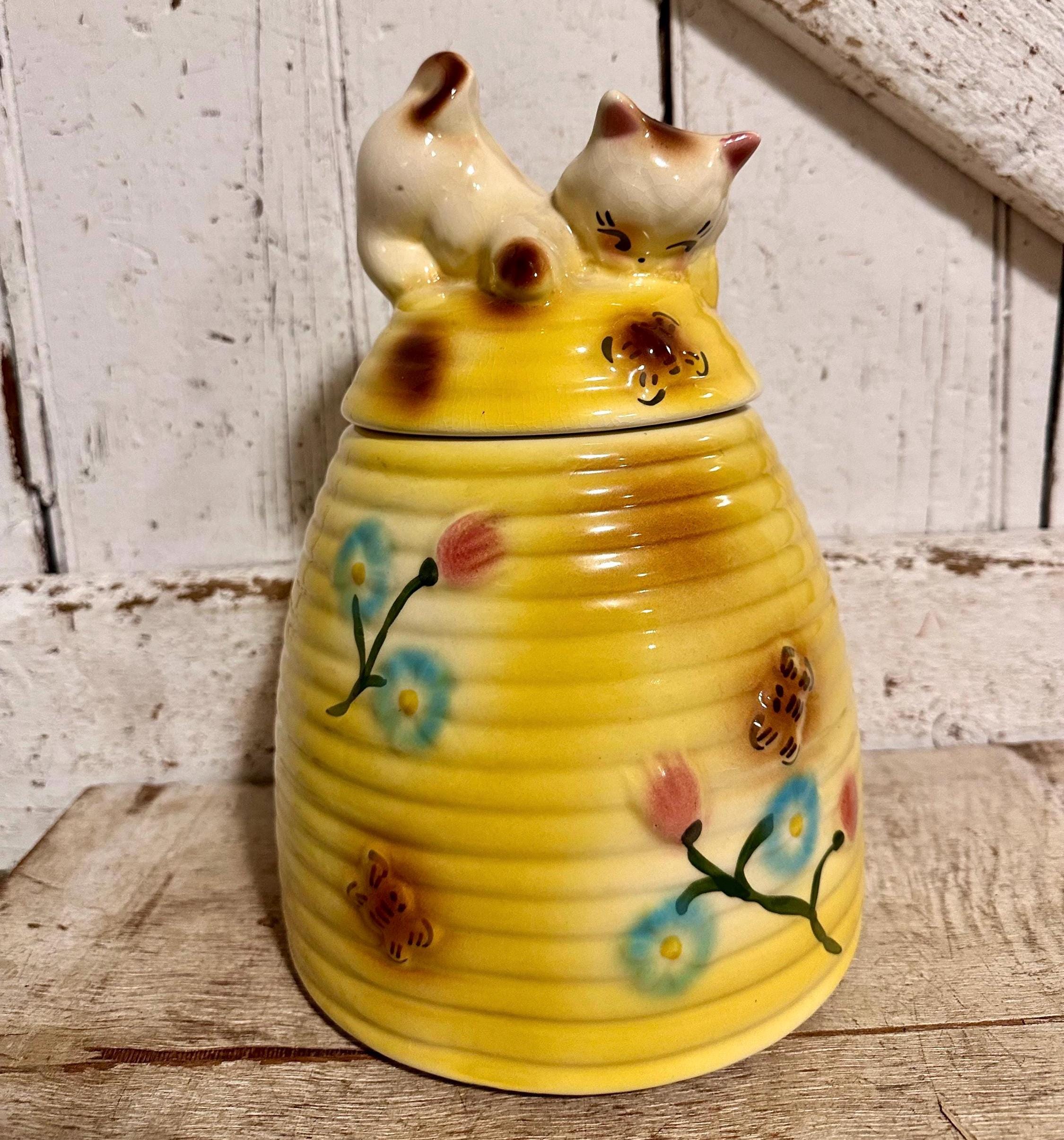 Kitten on Beehive Cookie Jar American Bisque Made in USA 1950s
