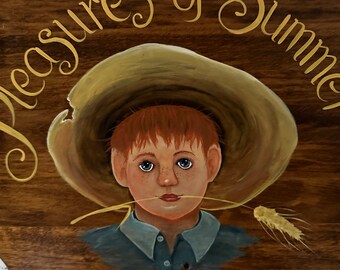 麦わら帽子の少年の絵画 ヴィンテージ 木の板に描かれた夏の楽しみ