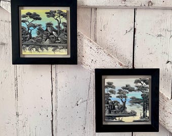 Asian Painting On Wood Pair of Two Vintage Asian Wall Decor