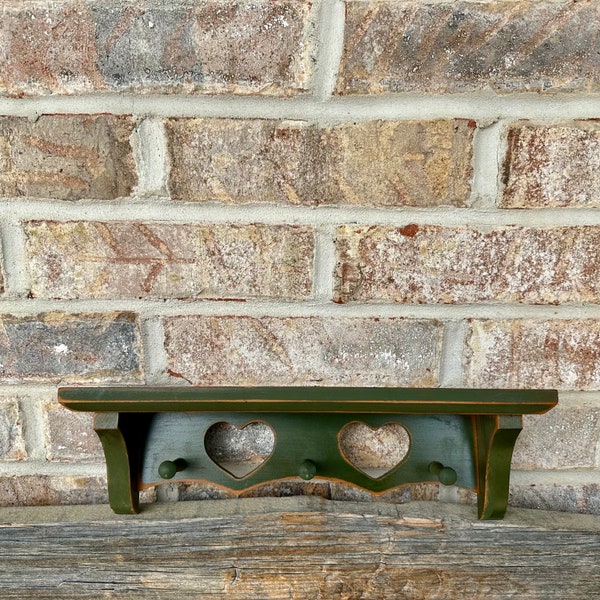 Small Shelf Wooden Wall Green with hearts and three hooks vintage Hanging wood shelf